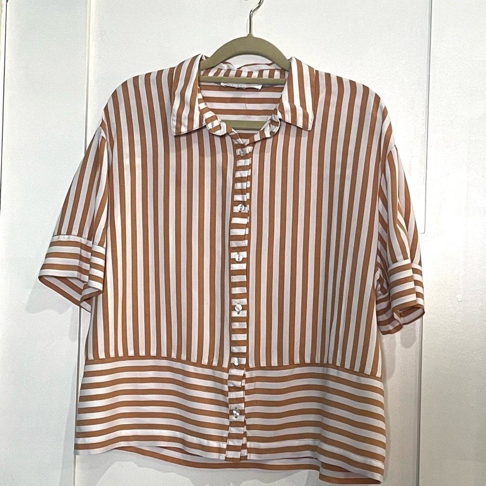 Jane and Delancey Striped Button-Up Shirt in White and Camel